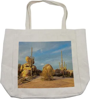 Lunarable Saguaro Shopping Bag, Cactus and Boulders Catching Day's Last Beams Desert Landscape, Eco-Friendly Reusable Bag for Groceries Beach and More, 15.5" X 14.5", Cream