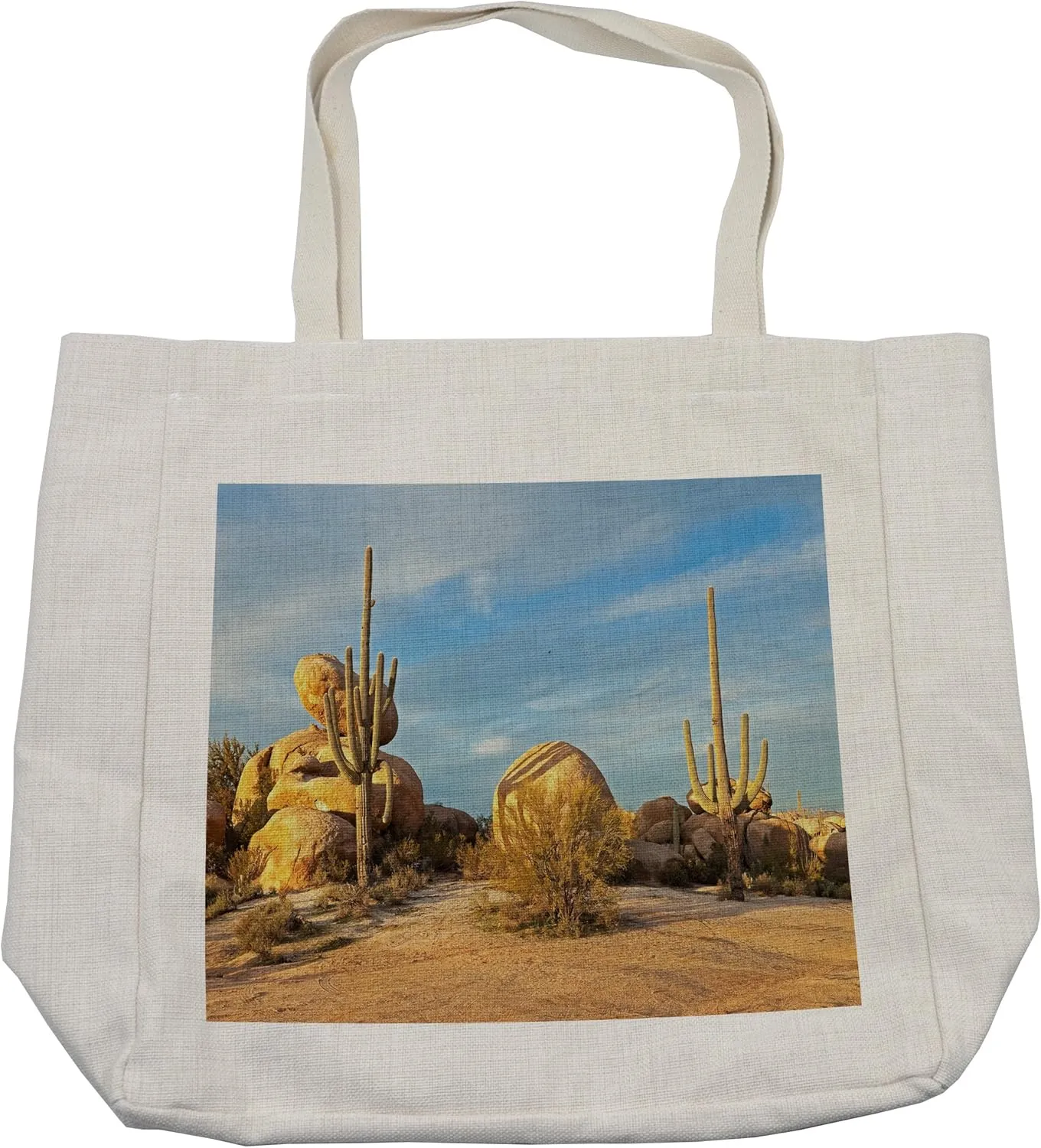 Lunarable Saguaro Shopping Bag, Cactus and Boulders Catching Day's Last Beams Desert Landscape, Eco-Friendly Reusable Bag for Groceries Beach and More, 15.5" X 14.5", Cream