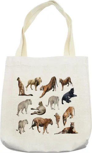 Lunarable Savannah Tote Bag, Group of Tigersand Other Big Wild Cats Predatory Feline Zoo Lying Standing, Cloth Linen Reusable Bag for Shopping Books Beach and More, 16.5" X 14", Cream