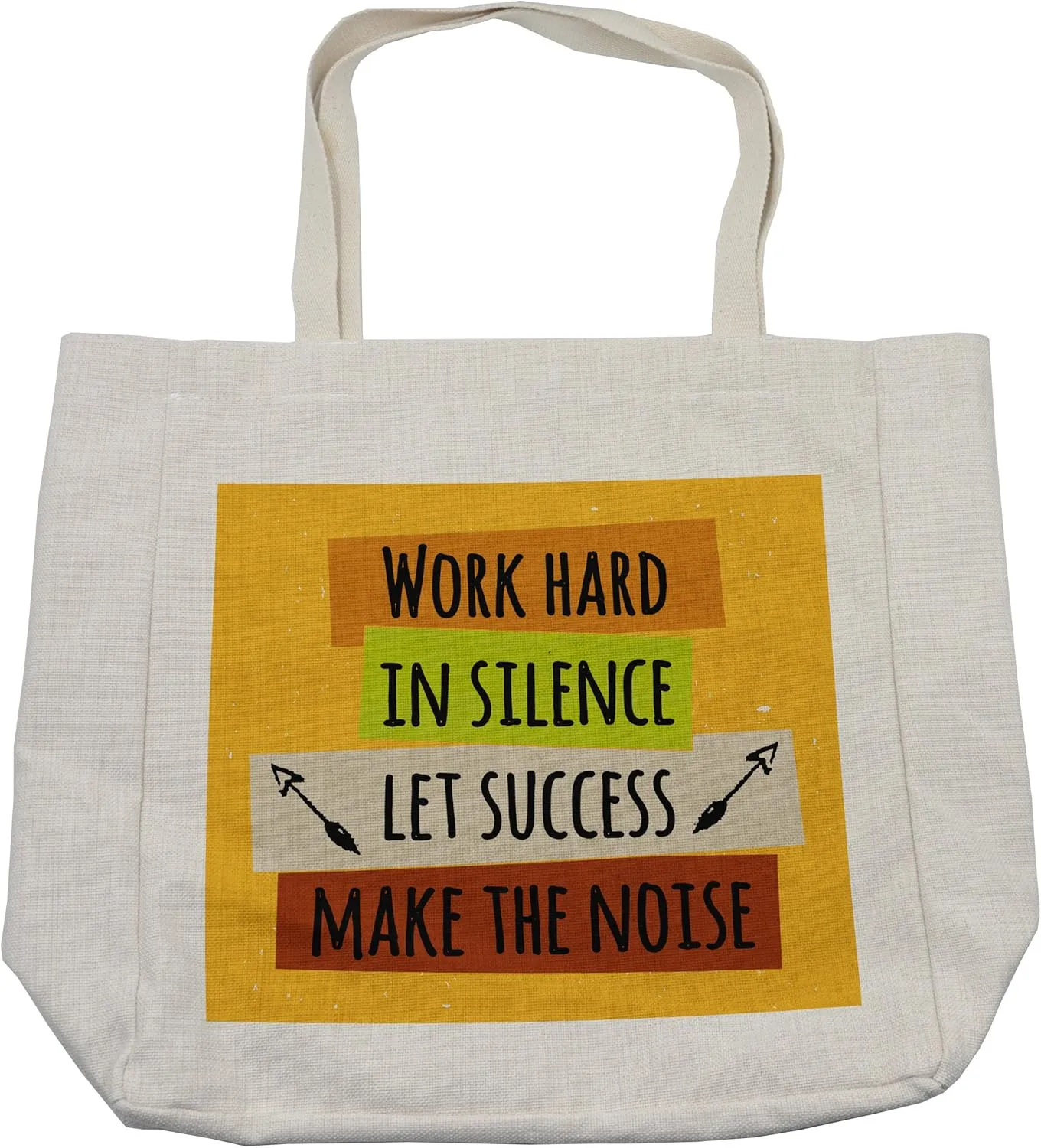 Lunarable Saying Shopping Bag, Success Motivation Positive Print with Words and Arrows Image Print, Eco-Friendly Reusable Bag for Groceries Beach and More, 15.5" X 14.5", Cream