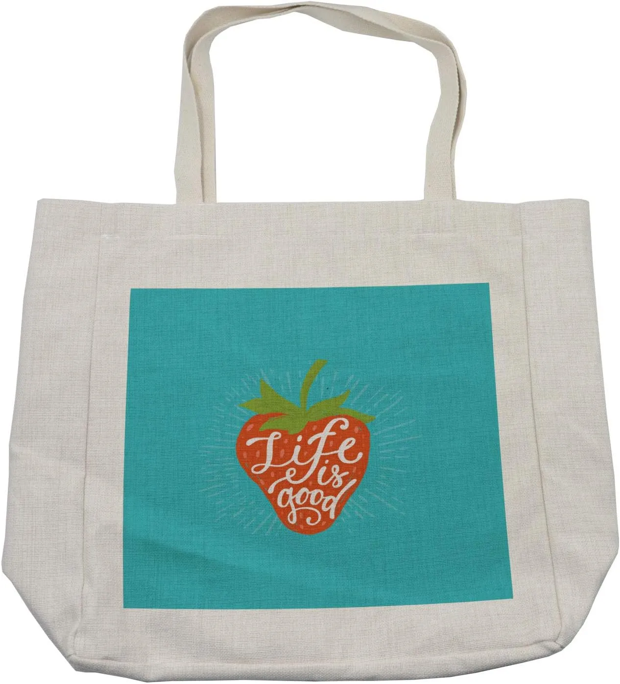 Lunarable Saying Shopping Bag, Uplifting Life is Message on a Strawberry on Blue Toned Background, Eco-Friendly Reusable Bag for Groceries Beach and More, 15.5" X 14.5", Cream