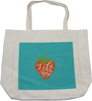 Lunarable Saying Shopping Bag, Uplifting Life is Message on a Strawberry on Blue Toned Background, Eco-Friendly Reusable Bag for Groceries Beach and More, 15.5" X 14.5", Cream
