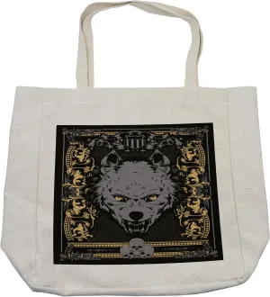 Lunarable Scary Shopping Bag, Victorian Gothic Wolf Portrait with Vintage Floral Details Wild Carnivore, Eco-Friendly Reusable Bag for Groceries Beach and More, 15.5" X 14.5", Cream