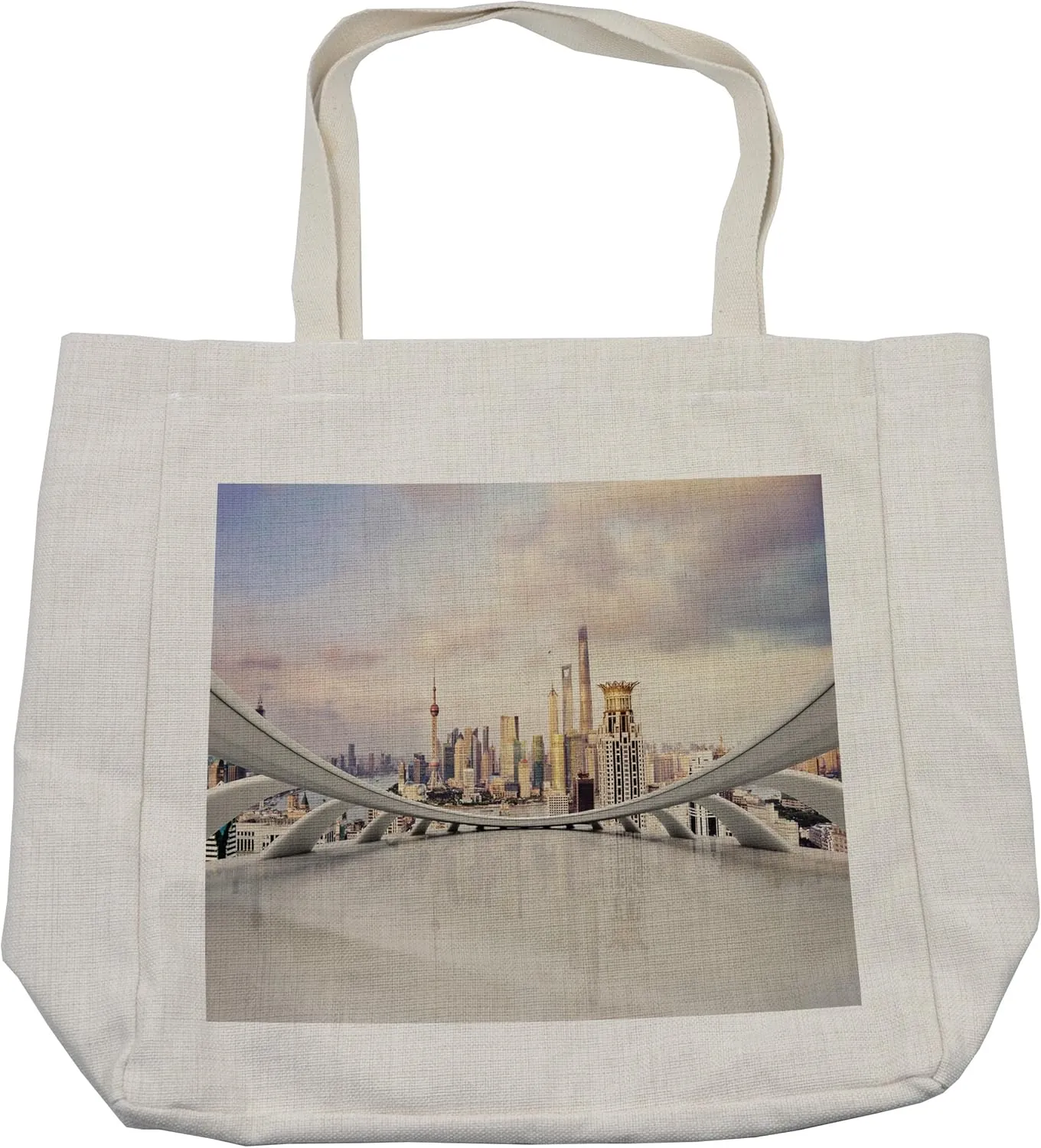 Lunarable Scenery Shopping Bag, Modern City Traffic and Cityscape Shanghai China Cloudscape Commercial, Eco-Friendly Reusable Bag for Groceries Beach and More, 15.5" X 14.5", Coconut Cream and Ivory