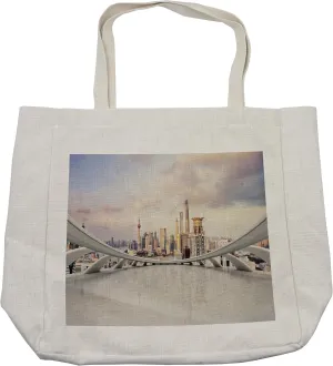 Lunarable Scenery Shopping Bag, Modern City Traffic and Cityscape Shanghai China Cloudscape Commercial, Eco-Friendly Reusable Bag for Groceries Beach and More, 15.5" X 14.5", Coconut Cream and Ivory