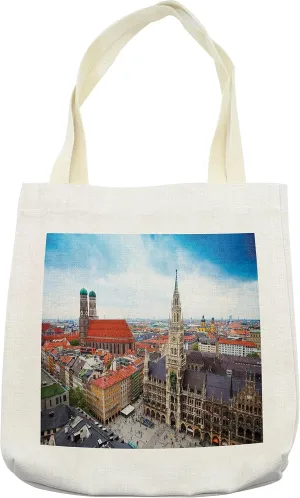 Lunarable Scenery Tote Bag, City Centre of Marienplatz New Town Hall Glockenspiel Facade Rooftop Sightseeing, Cloth Linen Reusable Bag for Shopping Books Beach and More, 16.5" X 14", Multicolor