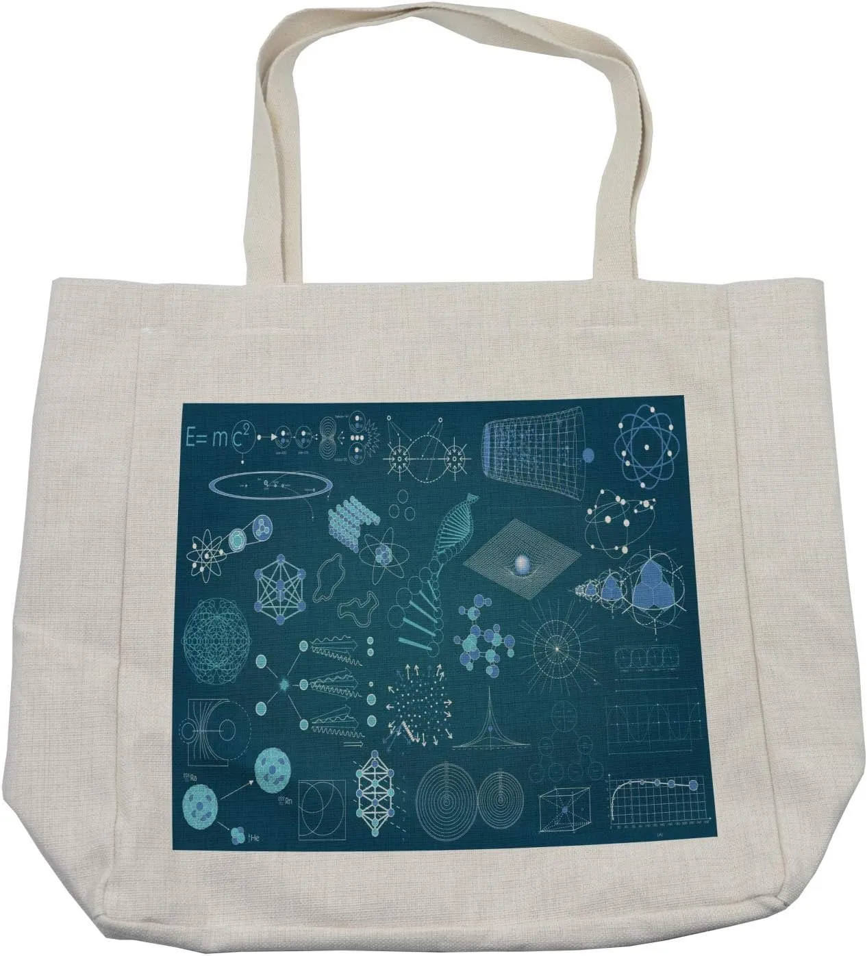 Lunarable Science Shopping Bag, Scientific Method Themed Blue Toned Design Atom Module Dna and Graphs, Eco-Friendly Reusable Bag for Groceries Beach and More, 15.5" X 14.5", Cream