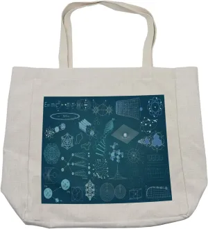 Lunarable Science Shopping Bag, Scientific Method Themed Blue Toned Design Atom Module Dna and Graphs, Eco-Friendly Reusable Bag for Groceries Beach and More, 15.5" X 14.5", Cream