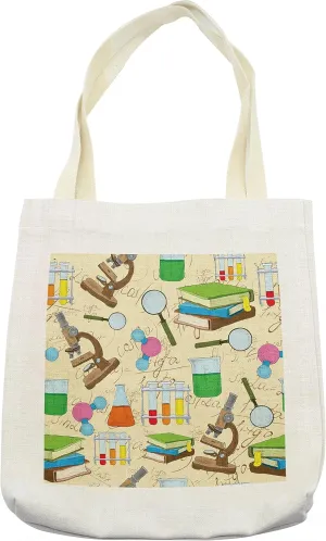 Lunarable Science Tote Bag, Science Lab Sketch Books Equation Loupe Microscope Molecule Flask Print, Cloth Linen Reusable Bag for Shopping Books Beach and More, 16.5" X 14", Multicolor