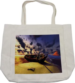Lunarable Seascape Shopping Bag, Old Vintage Boat on Seashore Abandoned Broken Shipwreck Clouds Ocean Scene, Eco-Friendly Reusable Bag for Groceries Beach and More, 15.5" X 14.5", Cream