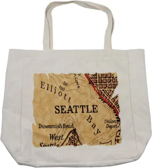 Lunarable Seattle Shopping Bag, Vintage Map of Elliot Bay Seattle American State Worn out Torn Effect Art, Eco-Friendly Reusable Bag for Groceries Beach and More, 15.5" X 14.5", Dark Brown and Beige