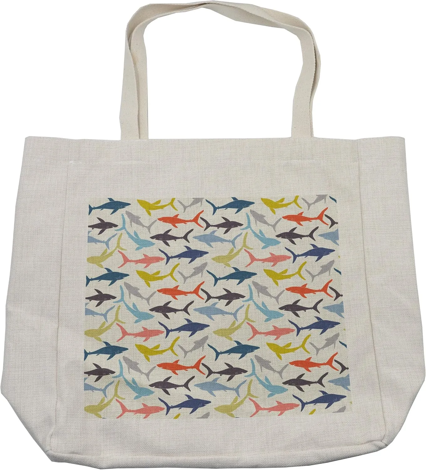 Lunarable Shark Shopping Bag, Mixed Pattern of Sharks in Various Tones Frighten Panic Phobia Pacific Home Print, Eco-Friendly Reusable Bag for Groceries Beach and More, 15.5" X 14.5", Cream