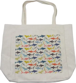 Lunarable Shark Shopping Bag, Mixed Pattern of Sharks in Various Tones Frighten Panic Phobia Pacific Home Print, Eco-Friendly Reusable Bag for Groceries Beach and More, 15.5" X 14.5", Cream