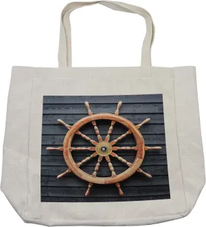 Lunarable Ships Wheel Shopping Bag, Old Trawler Steering Wheel Hardwood Timber Wall Control Captain, Eco-Friendly Reusable Bag for Groceries Beach and More, 15.5" X 14.5", Cream