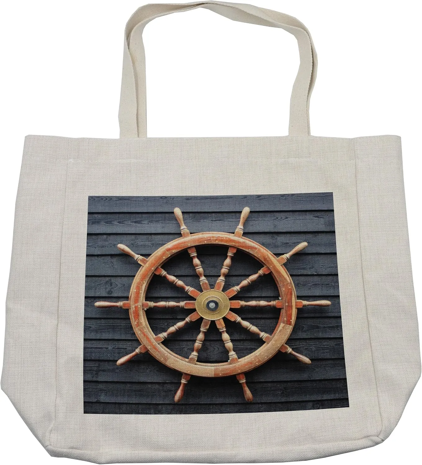 Lunarable Ships Wheel Shopping Bag, Old Trawler Steering Wheel Hardwood Timber Wall Control Captain, Eco-Friendly Reusable Bag for Groceries Beach and More, 15.5" X 14.5", Cream