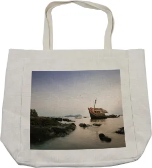 Lunarable Shipwreck Shopping Bag, Aged Vintage Capsized Timber Boat by Rocks on Old Harbor Salinity Marine Nature, Eco-Friendly Reusable Bag for Groceries Beach and More, 15.5" X 14.5", Cream