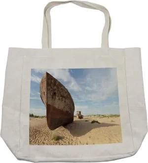 Lunarable Shipwreck Shopping Bag, Lost Ship in North Aral Desert Remnant Arid Barren Area of World Image, Eco-Friendly Reusable Bag for Groceries Beach and More, 15.5" X 14.5", Cream
