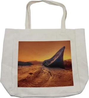 Lunarable Shipwreck Shopping Bag, Old Fishing Boat Washed up on Shore Hulk Disaster Misfortune at Dawn Maritime Theme, Eco-Friendly Reusable Bag for Groceries Beach and More, 15.5" X 14.5", Cream