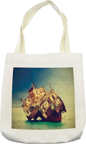 Lunarable Shipwreck Tote Bag, Sunken Damaged Transportation Ship Wreck on Reef in Egyptian Red Sea Coast Photo, Cloth Linen Reusable Bag for Shopping Books Beach and More, 16.5" X 14", Cream