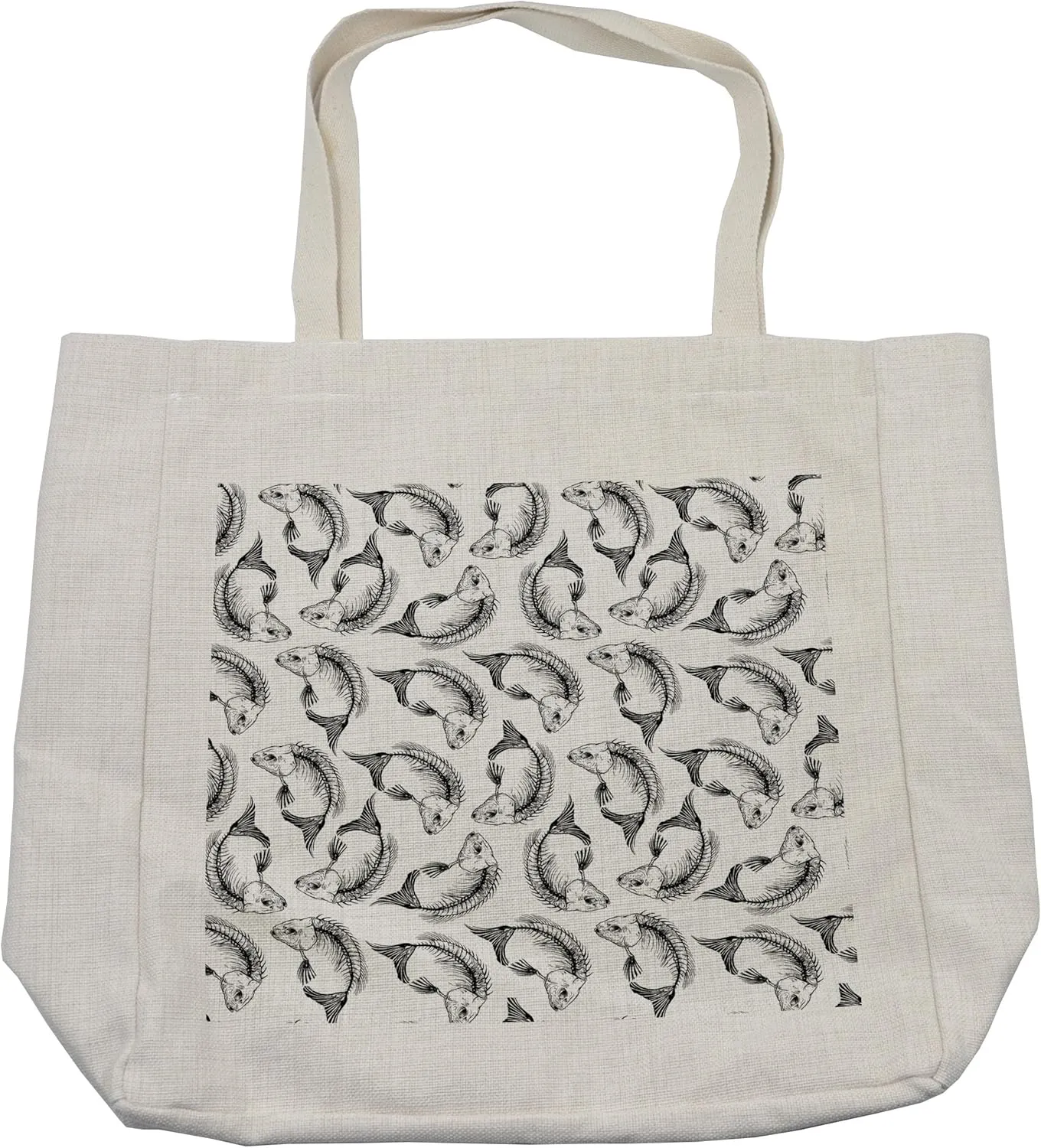 Lunarable Skull Shopping Bag, Dead Themed Fish and Bones Pattern Marine Creatures Fin Gills Sketchy Print, Eco-Friendly Reusable Bag for Groceries Beach and More, 15.5" X 14.5", Cream