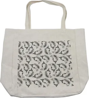 Lunarable Skull Shopping Bag, Dead Themed Fish and Bones Pattern Marine Creatures Fin Gills Sketchy Print, Eco-Friendly Reusable Bag for Groceries Beach and More, 15.5" X 14.5", Cream