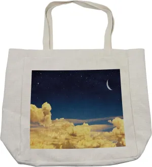 Lunarable Sky Shopping Bag, Night Cloudscape with Stars Crescent Moon Dramatic Dawn Saturated Picture, Eco-Friendly Reusable Bag for Groceries Beach and More, 15.5" X 14.5", Cream