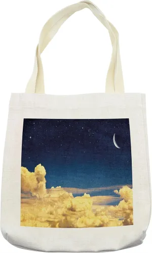Lunarable Sky Tote Bag, Night Cloudscape with Stars Crescent Moon Dramatic Dawn Saturated Picture, Cloth Linen Reusable Bag for Shopping Books Beach and More, 16.5" X 14", Cream