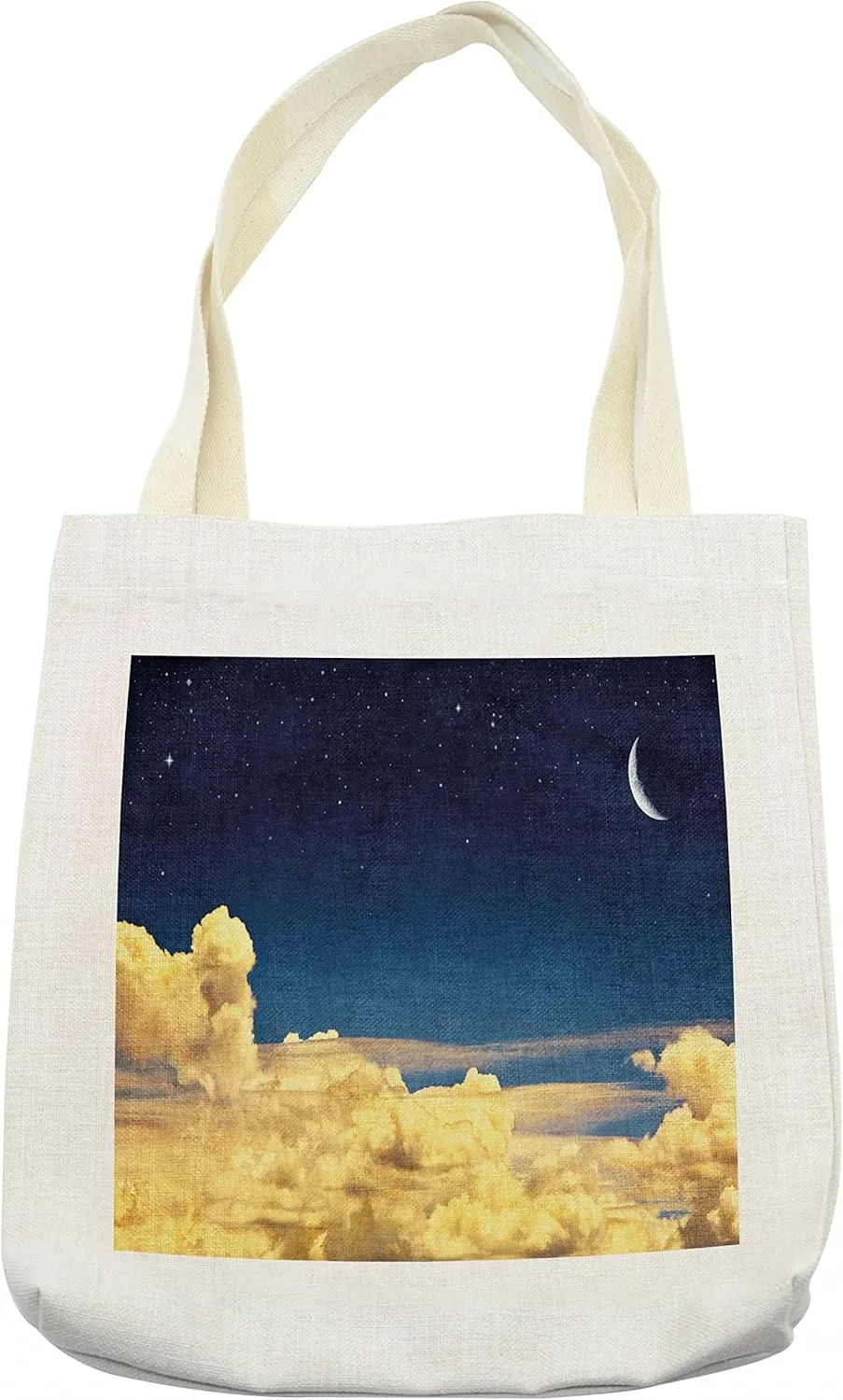 Lunarable Sky Tote Bag, Night Cloudscape with Stars Crescent Moon Dramatic Dawn Saturated Picture, Cloth Linen Reusable Bag for Shopping Books Beach and More, 16.5" X 14", Cream