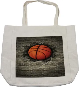 Lunarable Sports Shopping Bag, Basketball Embedded in a Brick Wall Power Training Destruction Concept Art, Eco-Friendly Reusable Bag for Groceries Beach and More, 15.5" X 14.5", Cream
