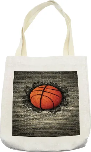 Lunarable Sports Tote Bag, Basketball Embedded in a Brick Wall Power Training Destruction Concept Art, Cloth Linen Reusable Bag for Shopping Books Beach and More, 16.5" X 14", Cream