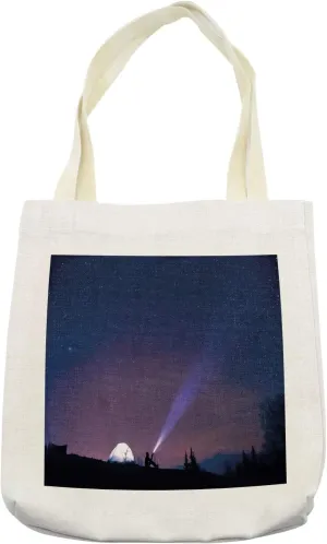 Lunarable Starry Forest Tote Bag, Camping Adventurous Photo Man Sits Next to Tent Looking at the Sky, Cloth Linen Reusable Bag for Shopping Books Beach and More, 16.5" X 14", Cream
