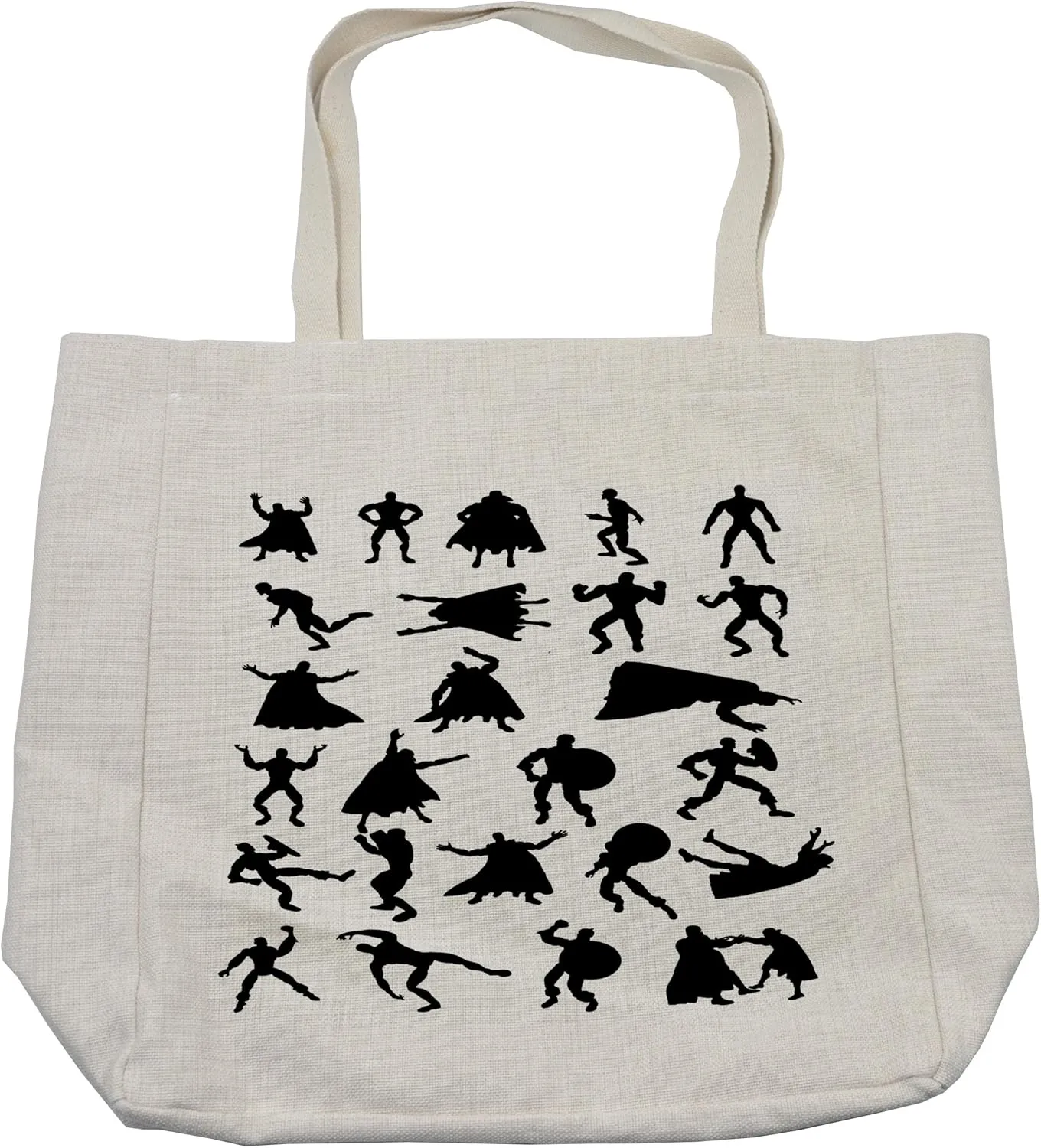 Lunarable Superhero Shopping Bag, Hero Silhouettes in Different Moves Action Energy Conflict Struggle Illustration, Eco-Friendly Reusable Bag for Groceries Beach and More, 15.5" X 14.5", Cream
