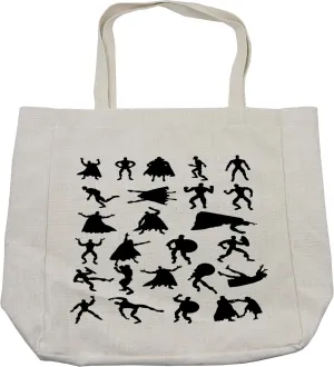 Lunarable Superhero Shopping Bag, Hero Silhouettes in Different Moves Action Energy Conflict Struggle Illustration, Eco-Friendly Reusable Bag for Groceries Beach and More, 15.5" X 14.5", Cream