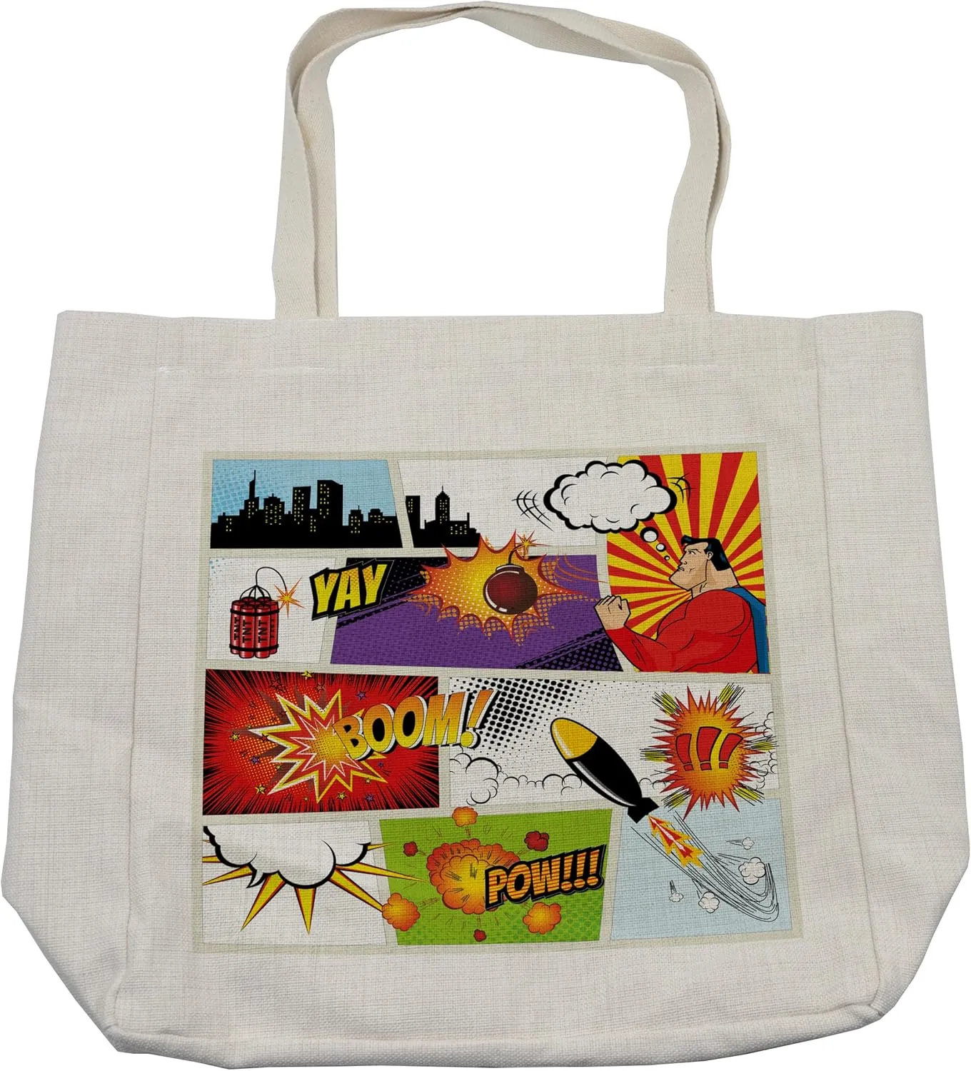 Lunarable Superhero Shopping Bag, Retro Comic Book Speech Bubbles Mock-Up Sound Effects Anger Brave Graphic, Eco-Friendly Reusable Bag for Groceries Beach and More, 15.5" X 14.5", Cream