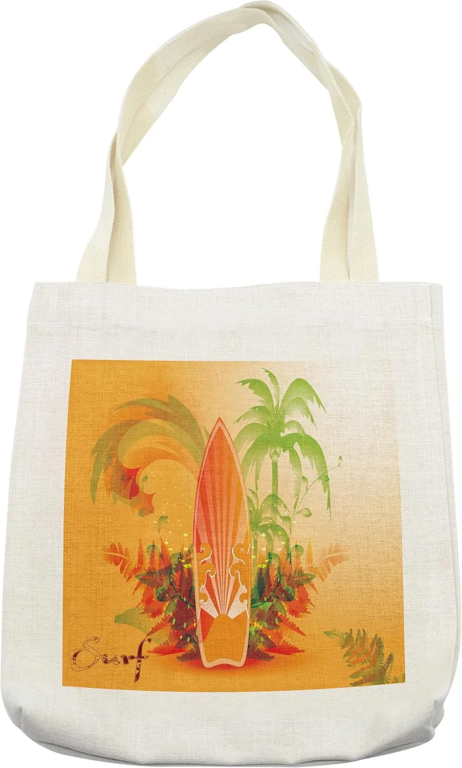 Lunarable Surfboard Tote Bag, Surf Background Wave Water Drops Advertise Leaf Activities Fun Hippie, Cloth Linen Reusable Bag for Shopping Books Beach and More, 16.5" X 14", Cream