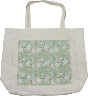 Lunarable Traditional Shopping Bag, Japanese Cranes Peonies Cultural Aspects Symbolic of Happy Life, Eco-Friendly Reusable Bag for Groceries Beach and More, 15.5" X 14.5", Cream