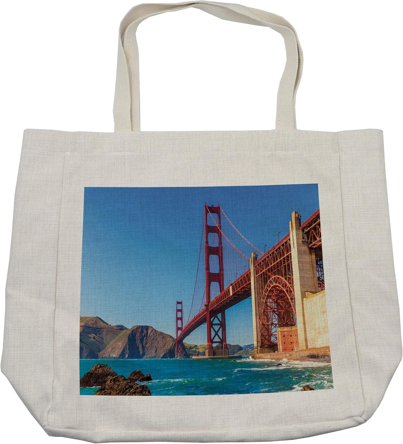 Lunarable Travel Shopping Bag, San Francisco Golden Gate Bridge GGB from Marshall Beach in California USA Shore, Eco-Friendly Reusable Bag for Groceries Beach and More, 15.5" X 14.5", Ivory Blue
