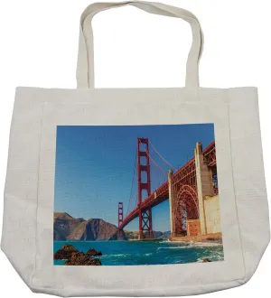 Lunarable Travel Shopping Bag, San Francisco Golden Gate Bridge GGB from Marshall Beach in California USA Shore, Eco-Friendly Reusable Bag for Groceries Beach and More, 15.5" X 14.5", Ivory Blue