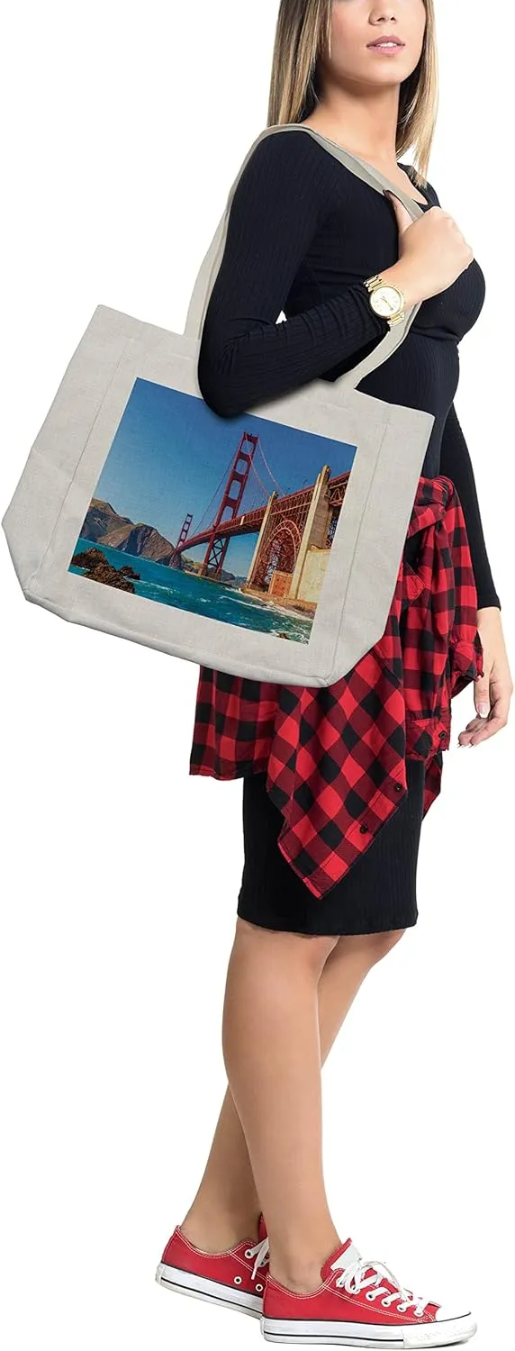 Lunarable Travel Shopping Bag, San Francisco Golden Gate Bridge GGB from Marshall Beach in California USA Shore, Eco-Friendly Reusable Bag for Groceries Beach and More, 15.5" X 14.5", Ivory Blue