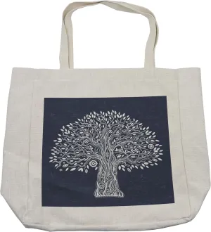 Lunarable Tree of Life Shopping Bag, Doodle Tree Illustration Oriental Harmonious Design Mother Nature, Eco-Friendly Reusable Bag for Groceries Beach and More, 15.5" X 14.5", Cream