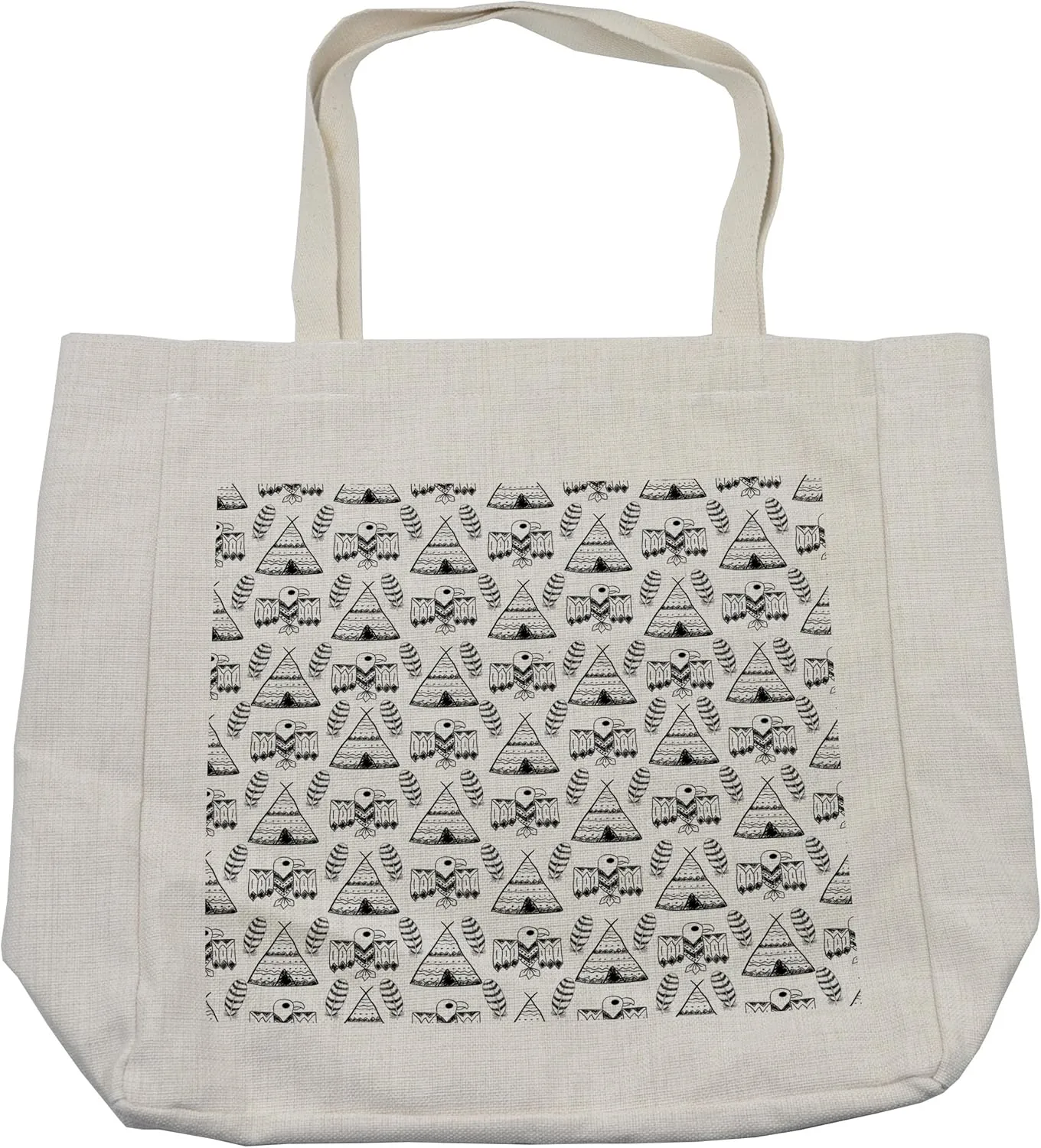 Lunarable Tribal Shopping Bag, Illustration of Different Tribal Eagle Feathers Nomadic Tents, Eco-Friendly Reusable Bag for Groceries Beach and More, 15.5" X 14.5", Cream