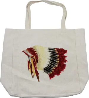 Lunarable Tribal Shopping Bag, Original Symbolic Eagle Feather Headdress Native Life Style, Eco-Friendly Reusable Bag for Groceries Beach and More, 15.5" X 14.5", Cream