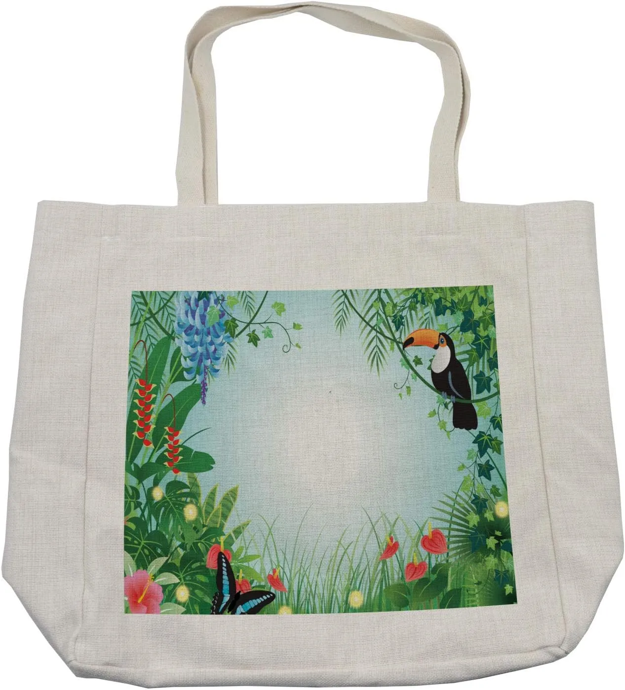 Lunarable Tropical Shopping Bag, Exotic Forest with Toco Toucan Bird Anthurium and Hibiscus Flowers Jungle Ecology, Eco-Friendly Reusable Bag for Groceries Beach and More, 15.5" X 14.5", Cream