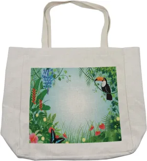 Lunarable Tropical Shopping Bag, Exotic Forest with Toco Toucan Bird Anthurium and Hibiscus Flowers Jungle Ecology, Eco-Friendly Reusable Bag for Groceries Beach and More, 15.5" X 14.5", Cream