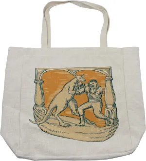 Lunarable Tropical Shopping Bag, Kangaroo Jumps Against Disappearance of Sun Rays Wallaby Horizontal Lines, Eco-Friendly Reusable Bag for Groceries Beach and More, 15.5" X 14.5", Cream