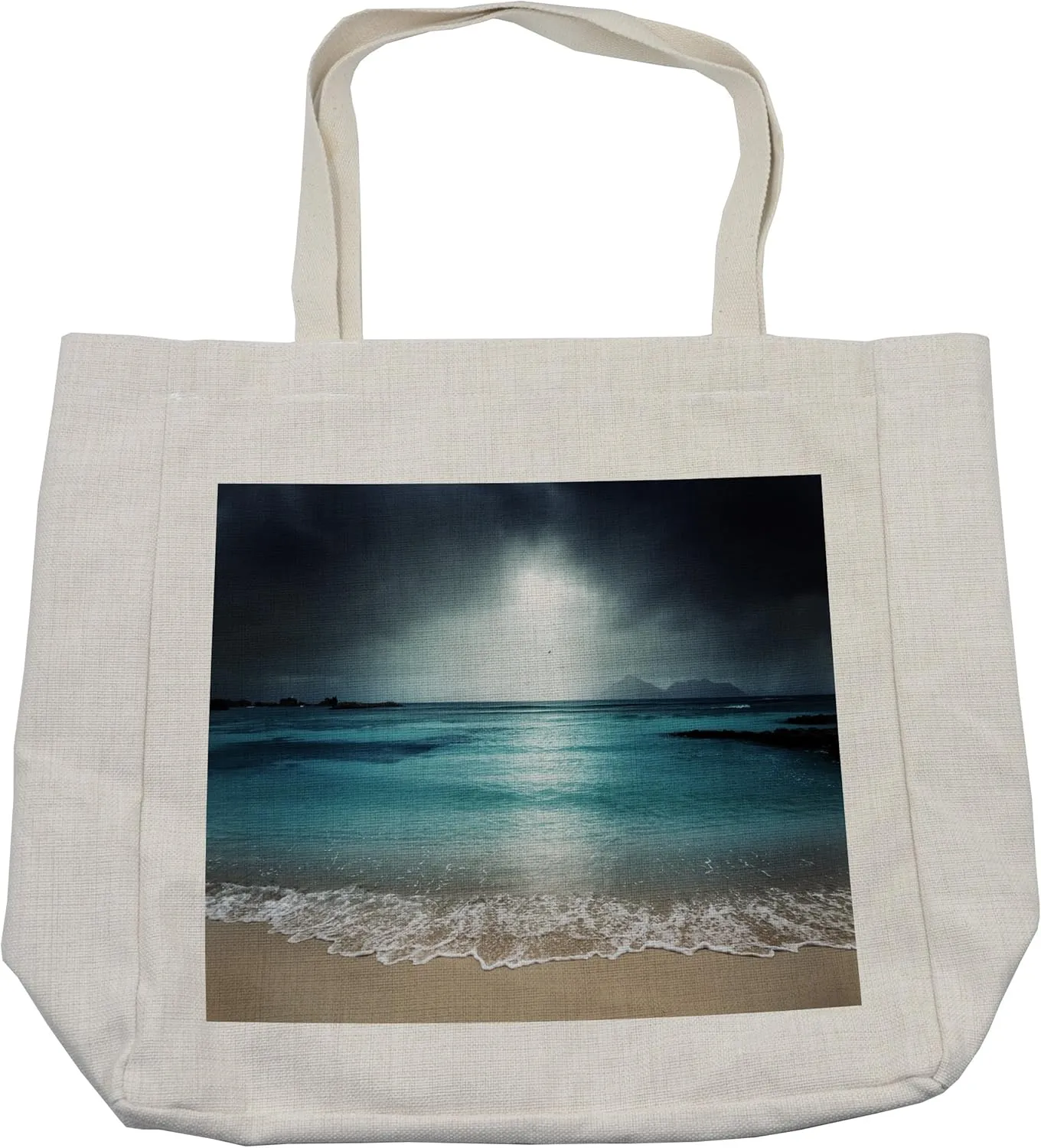 Lunarable Tropical Shopping Bag, Storm Sky on the Beach of La Dugue Island Seychelles Dramatic Scene, Eco-Friendly Reusable Bag for Groceries Beach and More, 15.5" X 14.5", Cream