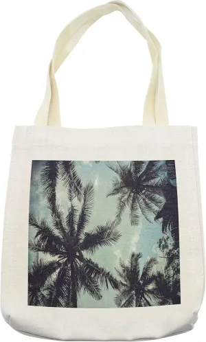 Lunarable Tropical Tote Bag, Upward Coconut Palms to Clouds Exotic Land Paradise Tourism Summer View, Cloth Linen Reusable Bag for Shopping Books Beach and More, 16.5" X 14", Cream
