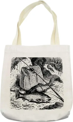 Lunarable Trout Tote Bag, Vintage Engraved Illustration with a Basket Fishing Rod and Trouts Print, Cloth Linen Reusable Bag for Shopping Books Beach and More, 16.5" X 14", Cream