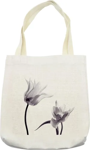 Lunarable Tulip Tote Bag, Close up Digital Saturated Petals with Minimalist Faded Effect Print, Cloth Linen Reusable Bag for Shopping Books Beach and More, 16.5" X 14", White Black and Eggplant