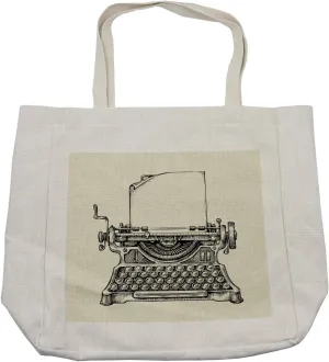 Lunarable Typewriter Shopping Bag, Antique Mass Media Publisher Machinery Sketched Article Typing, Eco-Friendly Reusable Bag for Groceries Beach and More, 15.5" X 14.5", Cream
